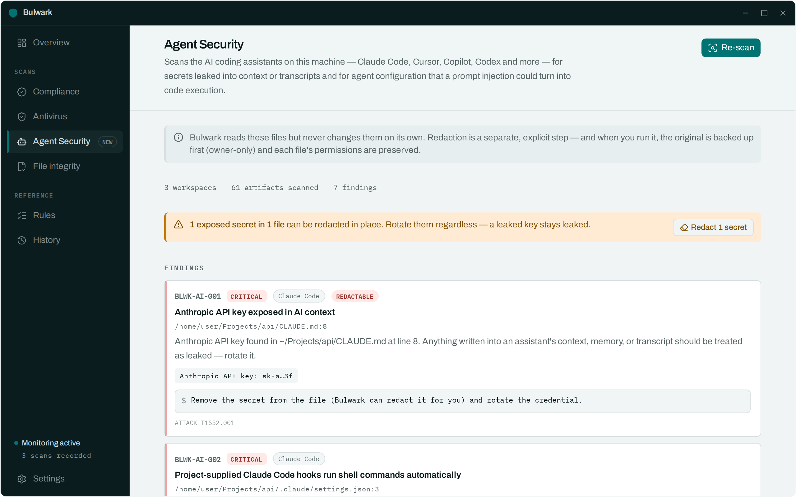 The Agent Security tab: leaked secrets and dangerous agent configuration, each with its CVE reference