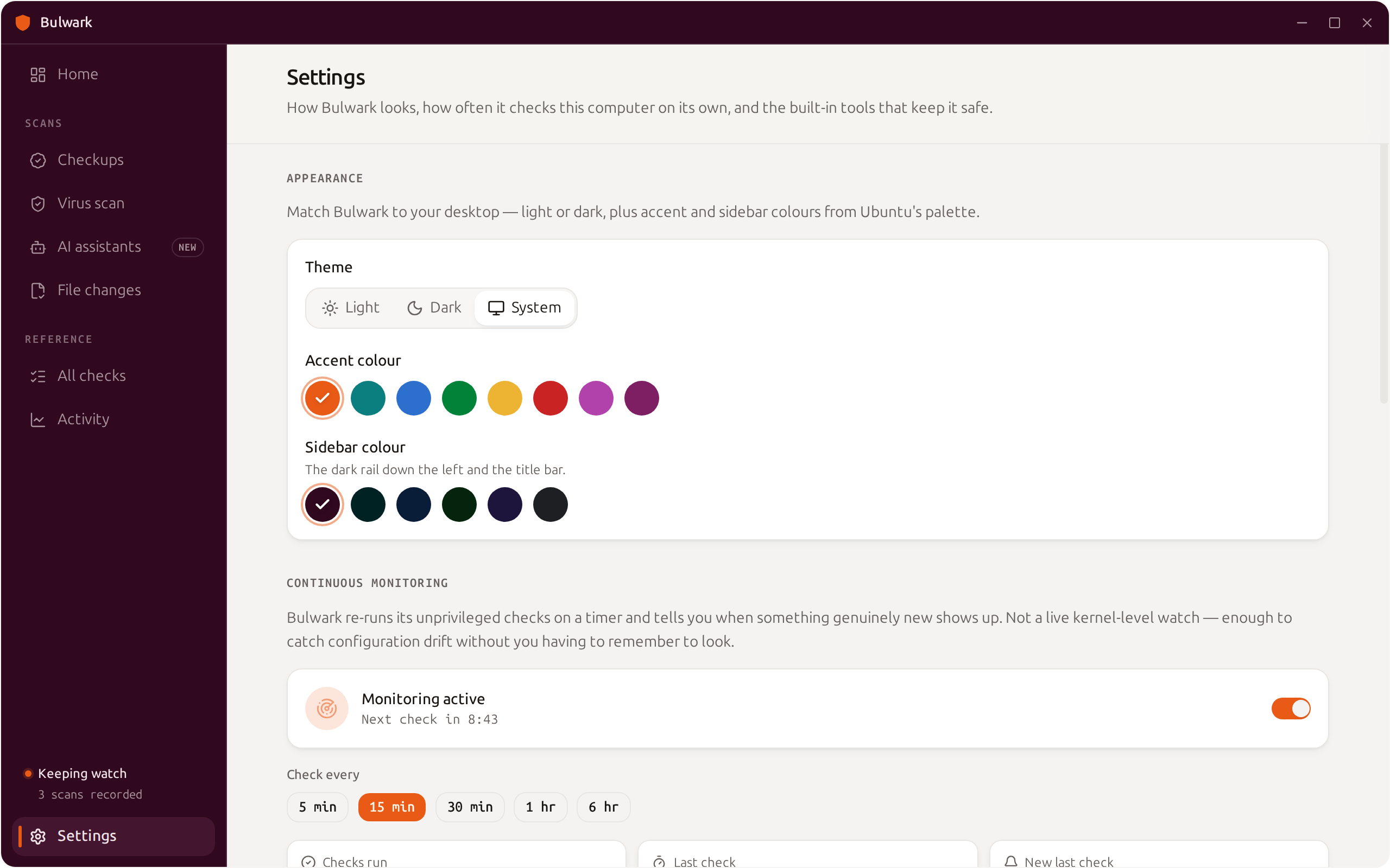 Settings — theme, accent and sidebar colour pickers
